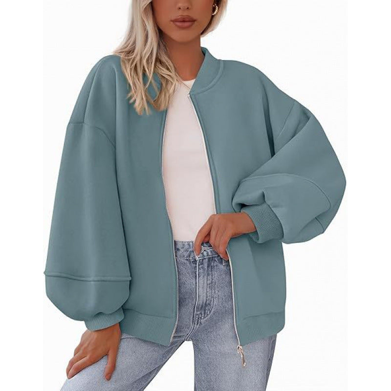 Damen lässige Oversized-Jacke mit Reißverschluss und ballonen Ärmeln Stilzeits