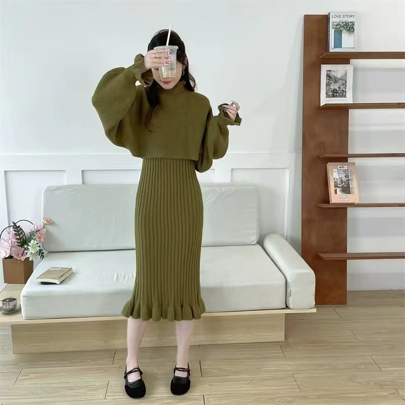 Damen Strickkleid mit hochgeschlossenem Kragen und Rippstruktur Stilzeits