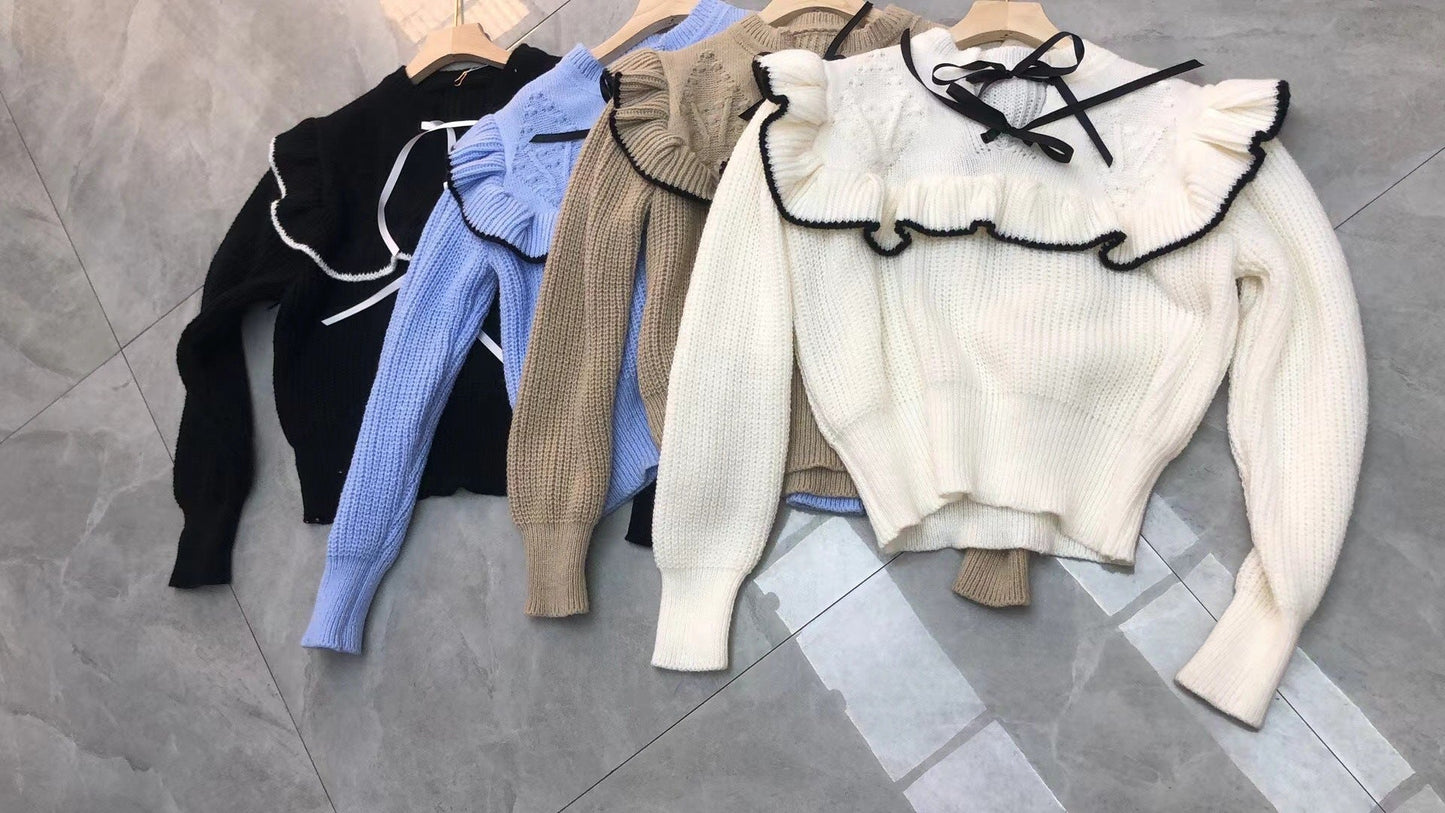 Damen Strickpullover mit eleganter Rüsche und Kapuze Stilzeits