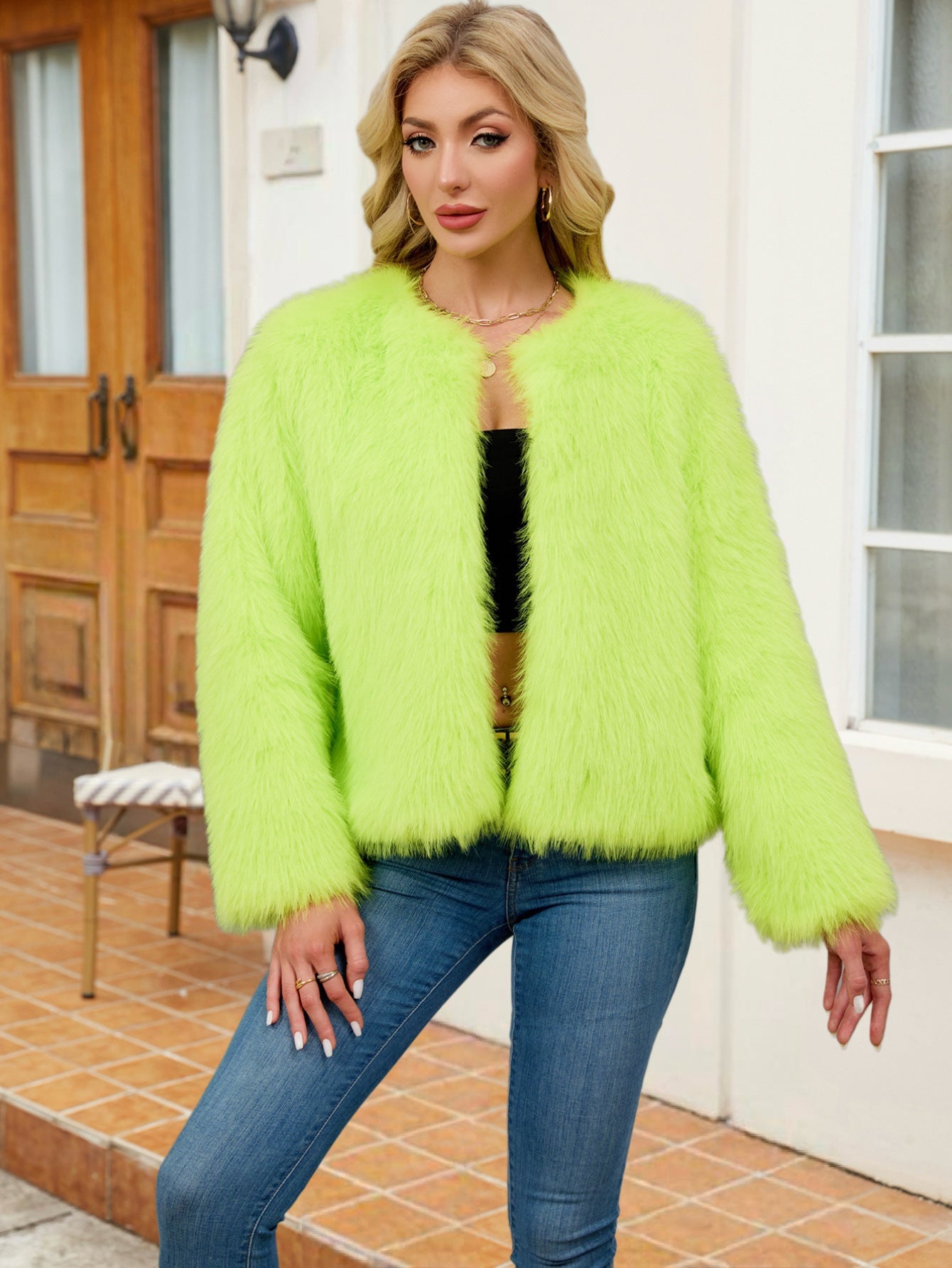 Damen Flauschige Kurzjacke aus Kunstfell mit lockerer Passform Stilzeits