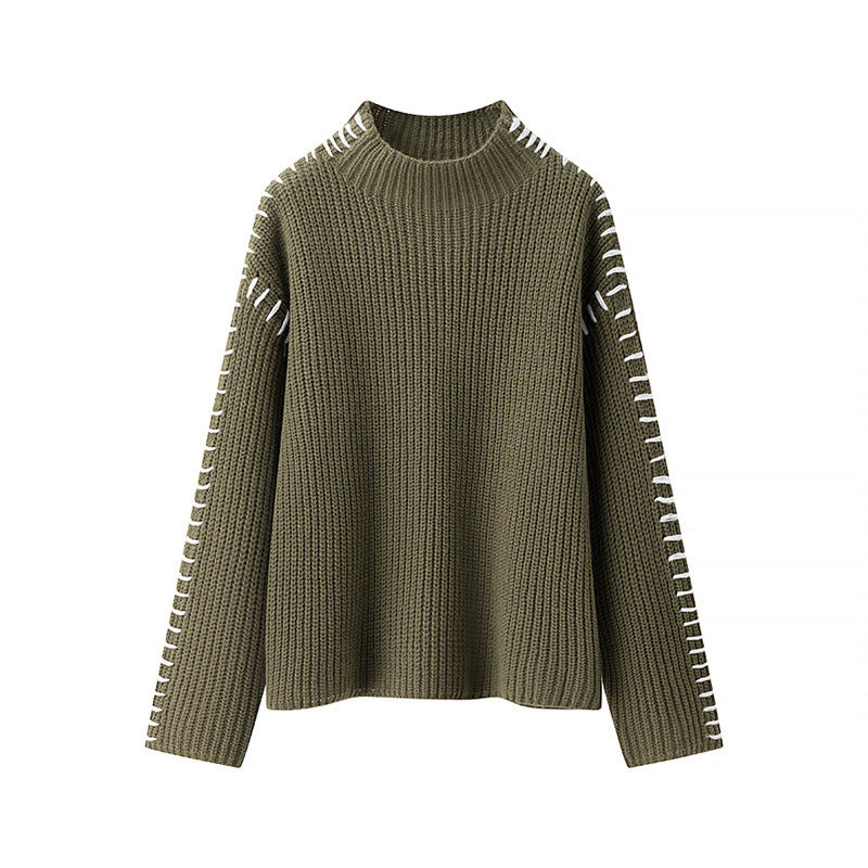 Damen Grobstrickpullover mit hohem Kragen und dekorativen Details Stilzeits