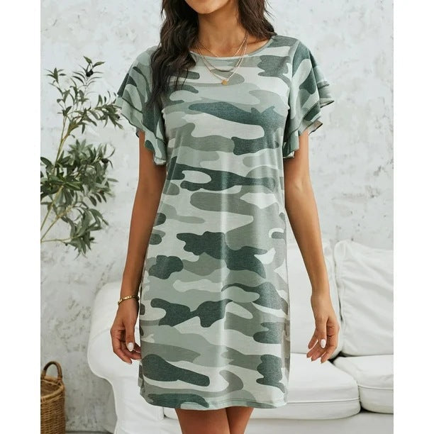 Damen Freizeitkleid mit Rüschendetails und Camouflage-Design Stilzeits