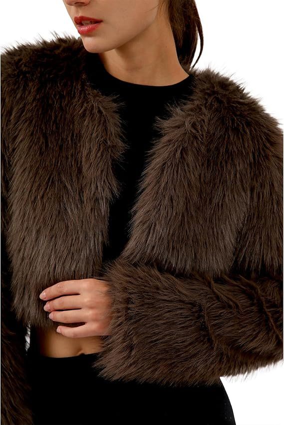 Damen Kurze glamouröse Kunstfelljacke mit lockeren Ärmeln Stilzeits