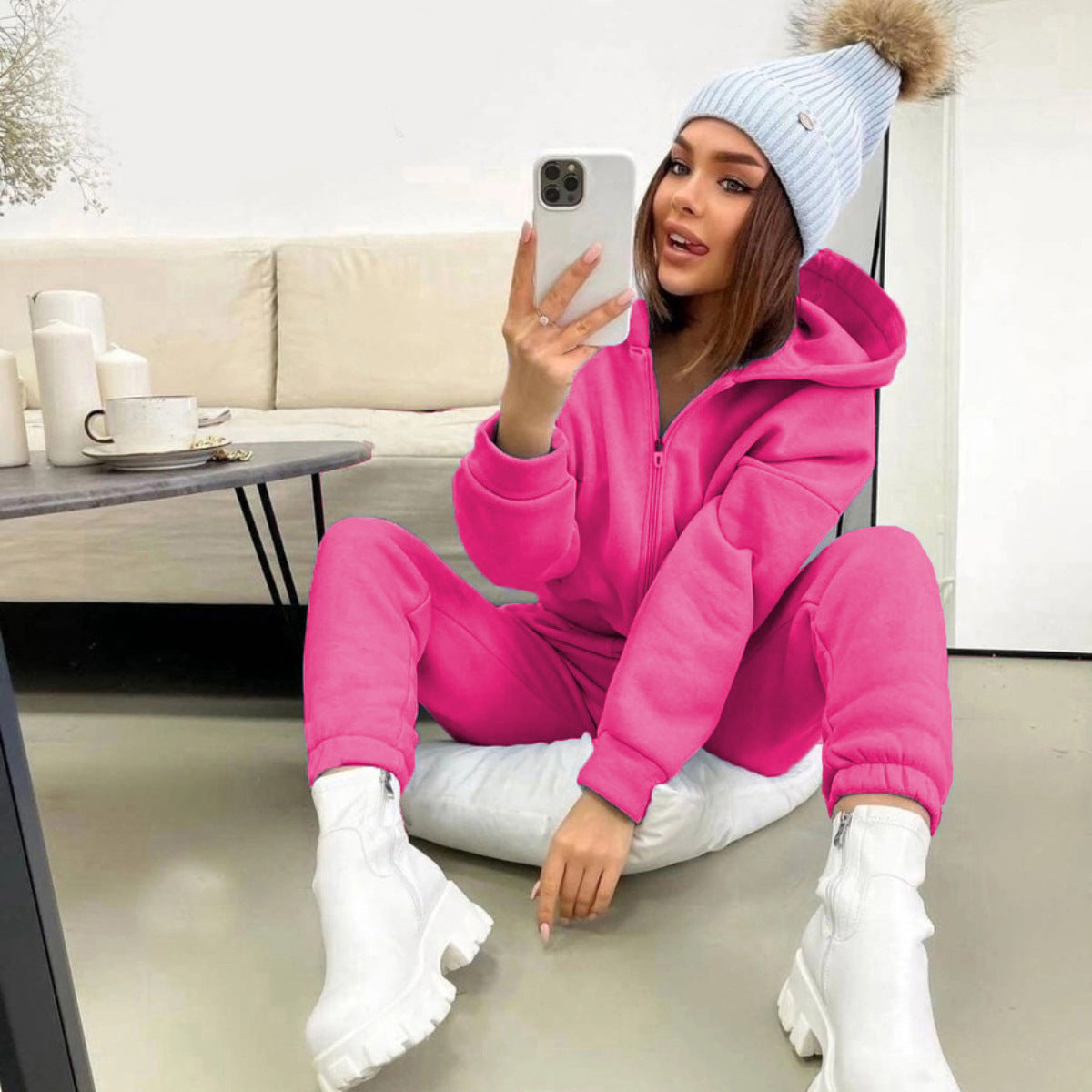 Damen Gemütlicher Kapuzenanzug mit Reißverschluss und elastischen Bündchen Stilzeits