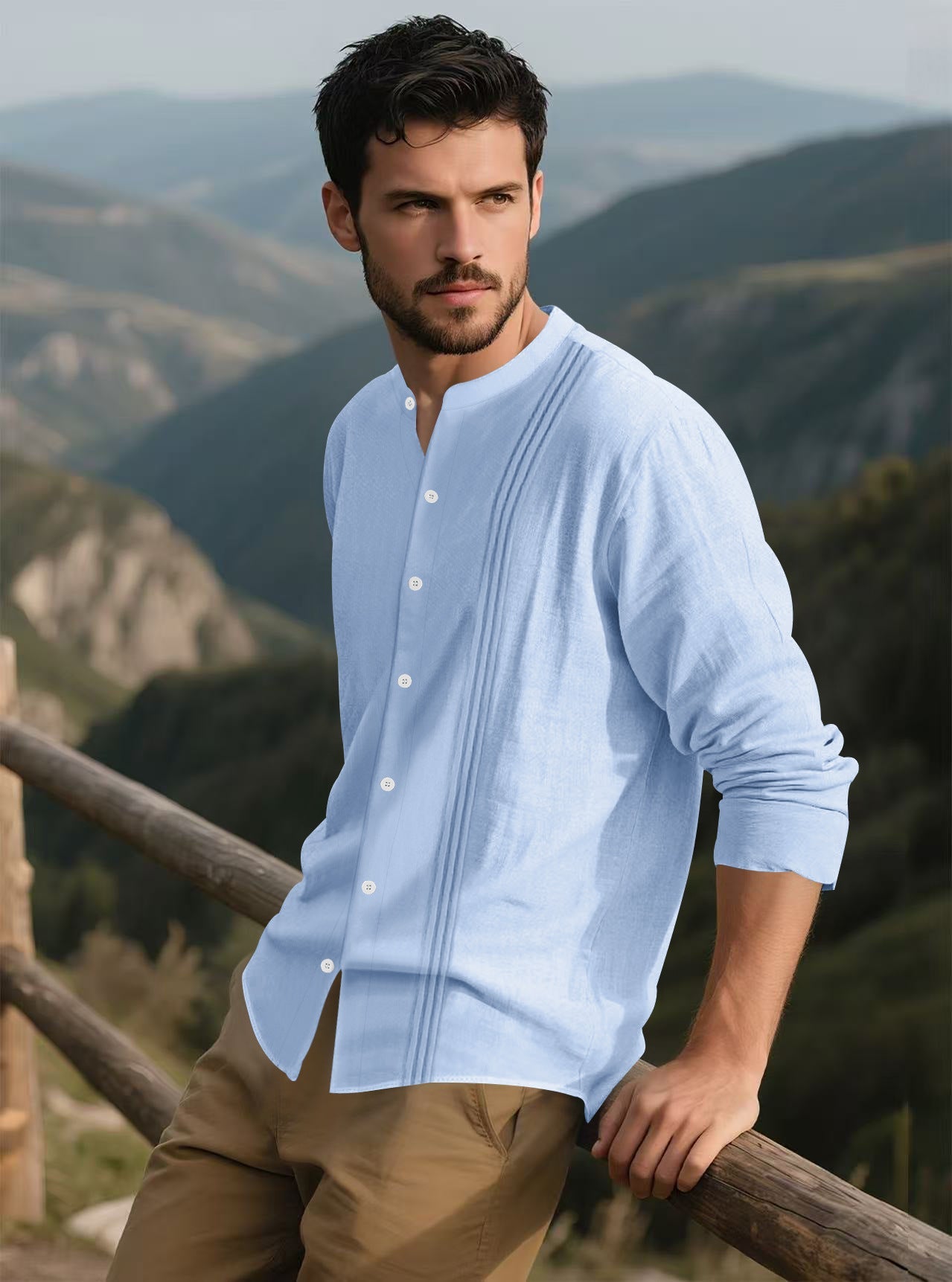 Herren Langarm-Hemd mit Stehkragen und modischen Akzenten Stilzeits