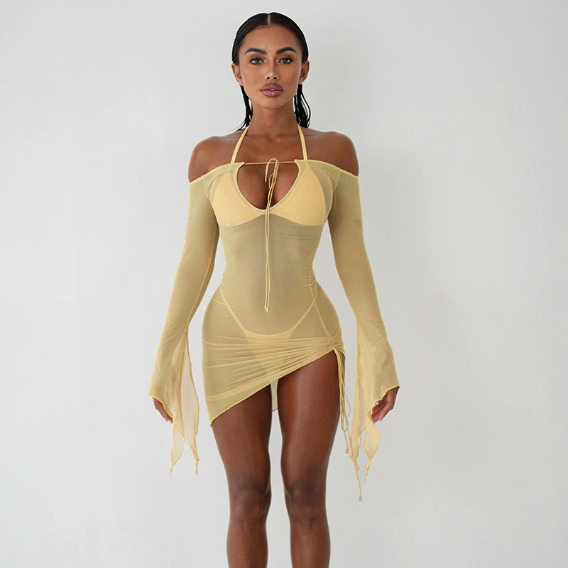 Damen Elegantes Badeanzug-Tunika mit Schleifenverschluss und transparenten Ärmeln Stilzeits