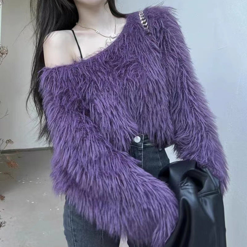 Damen Flauschiger Off-Shoulder-Pullover mit langen Ärmeln Stilzeits