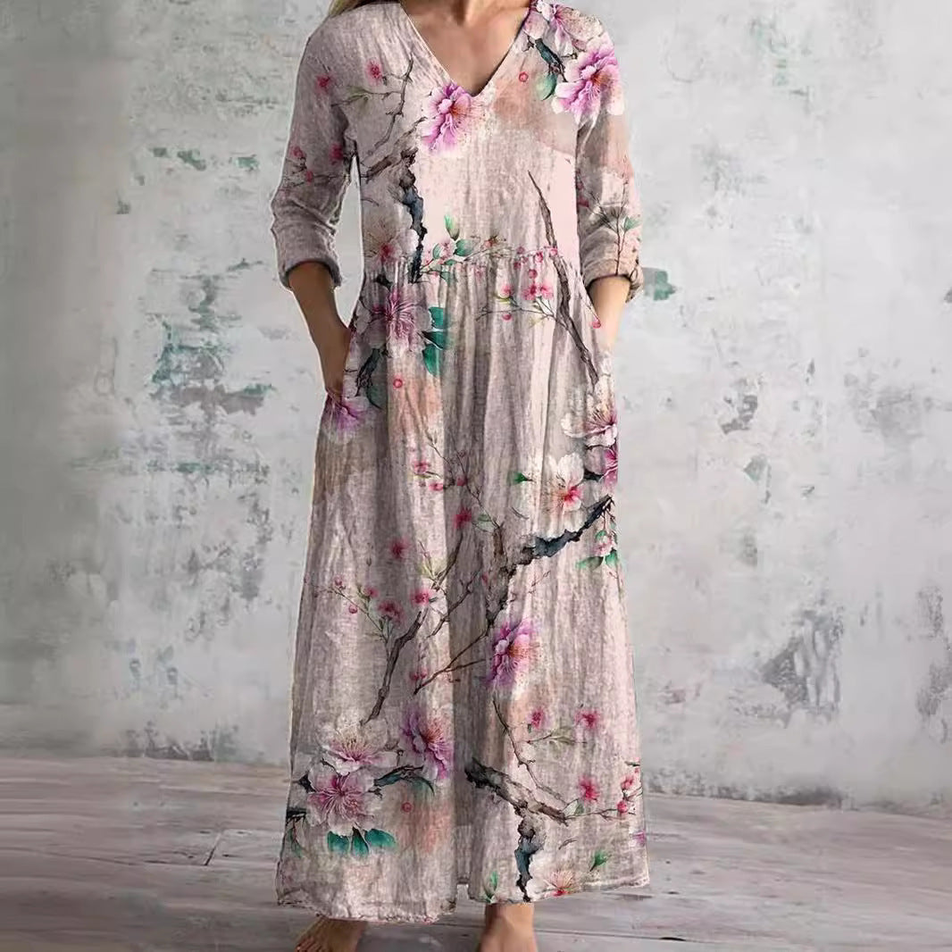 Damen Floral Maxikleid mit V-Ausschnitt und Dreiviertelärmeln