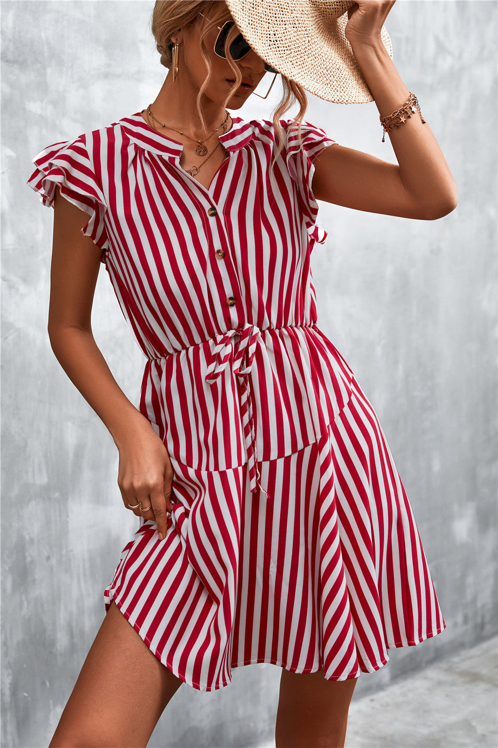 Damen Kurzarm-Kleid im angesagten Streifenlook mit Taillenzug und eleganten Rüschendetails Stilzeits