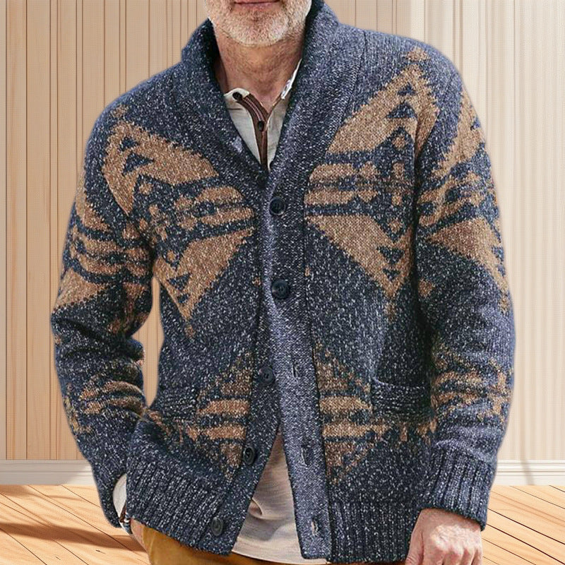 Herren Strickjacke mit einzigartigem geometrischen Muster und tiefem Kragen Stilzeits