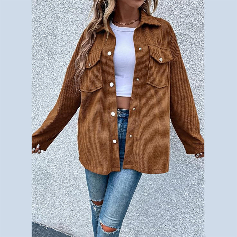 Damen Bequeme Waffel-Design Bluse mit Taschen Stilzeits