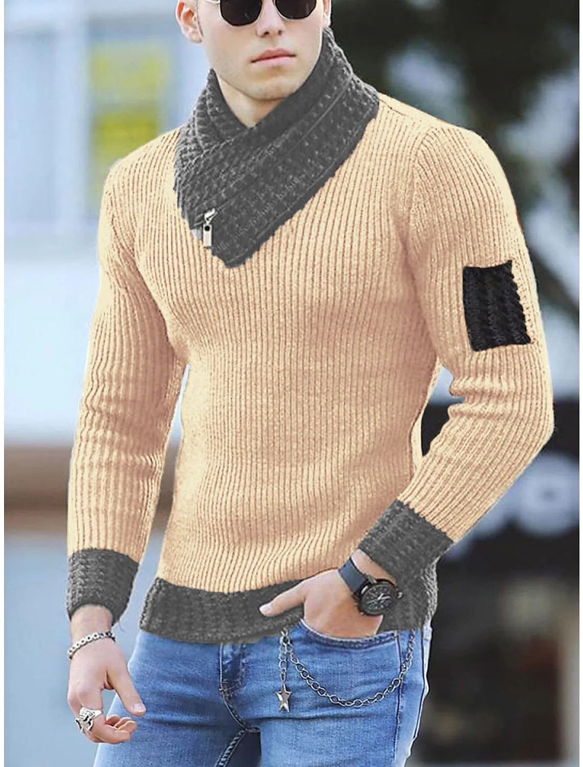 Herren Strickpullover mit hohem Kragen und strukturiertem Design Stilzeits