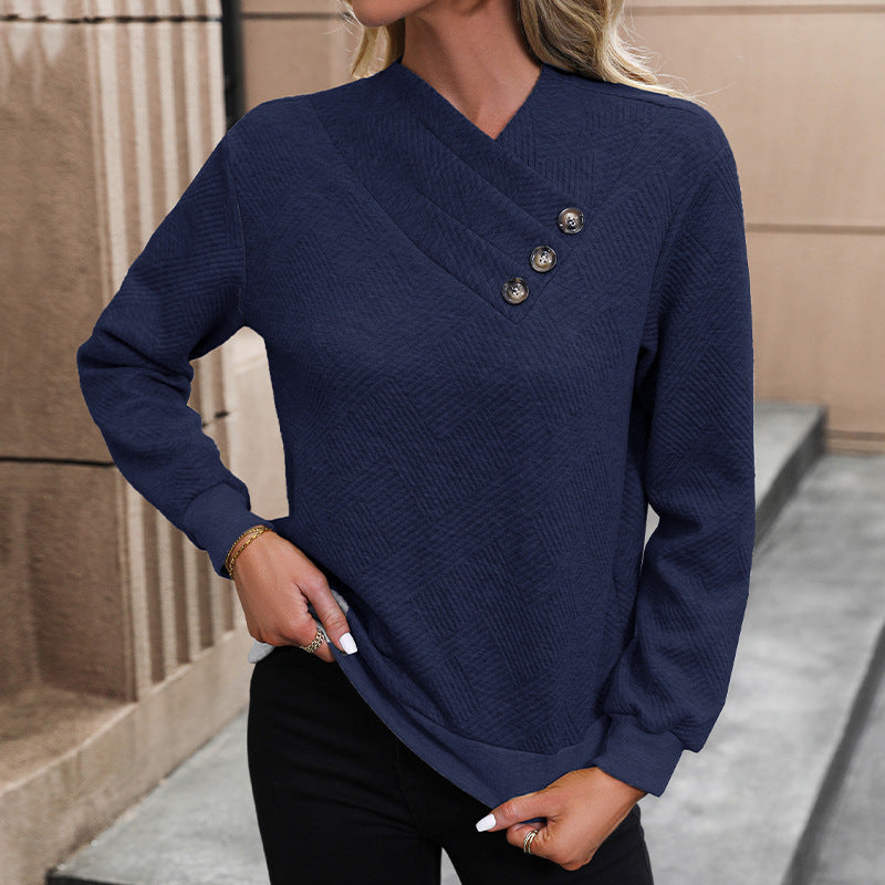 Damen eleganter Pullover mit asymmetrischem Ausschnitt und Knopfdetails Stilzeits