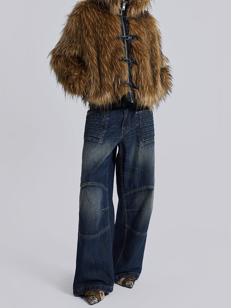 Damen Gemusterte und weiche Kunstfelljacke mit Kapuze Stilzeits