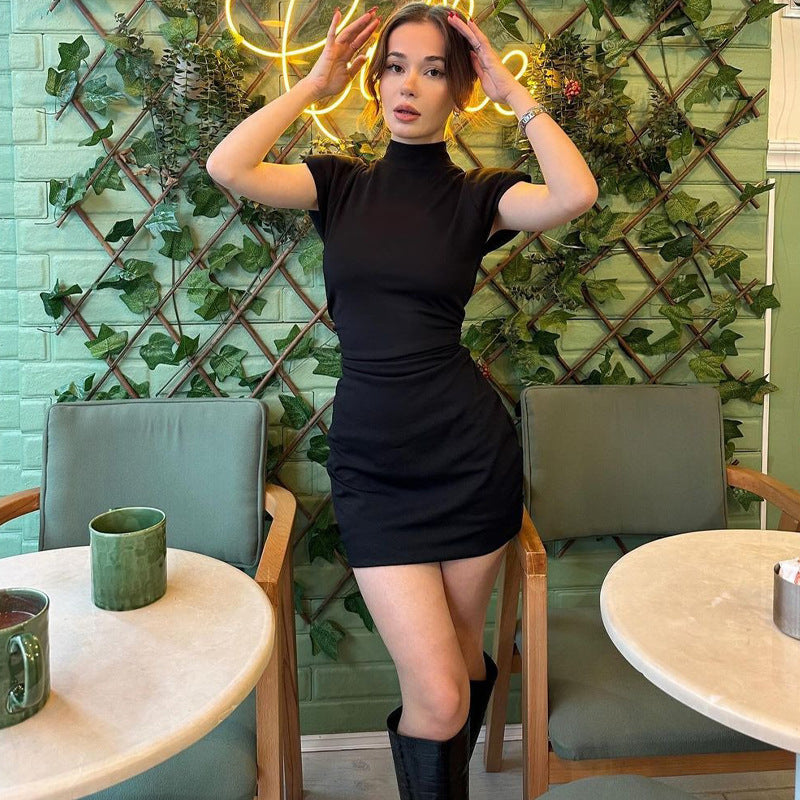 Damen Figurbetontes Kurzarmkleid mit Stehkragen und Raffung Stilzeits