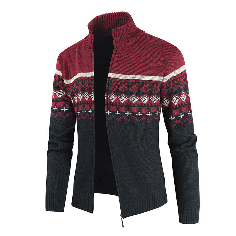 Herren Strickjacke mit geometrischen Mustern und hohem Kragen Stilzeits