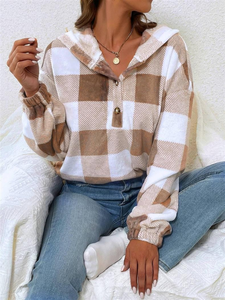 Damen Gemusterte Karo-Hoodie-Bluse Stilzeits