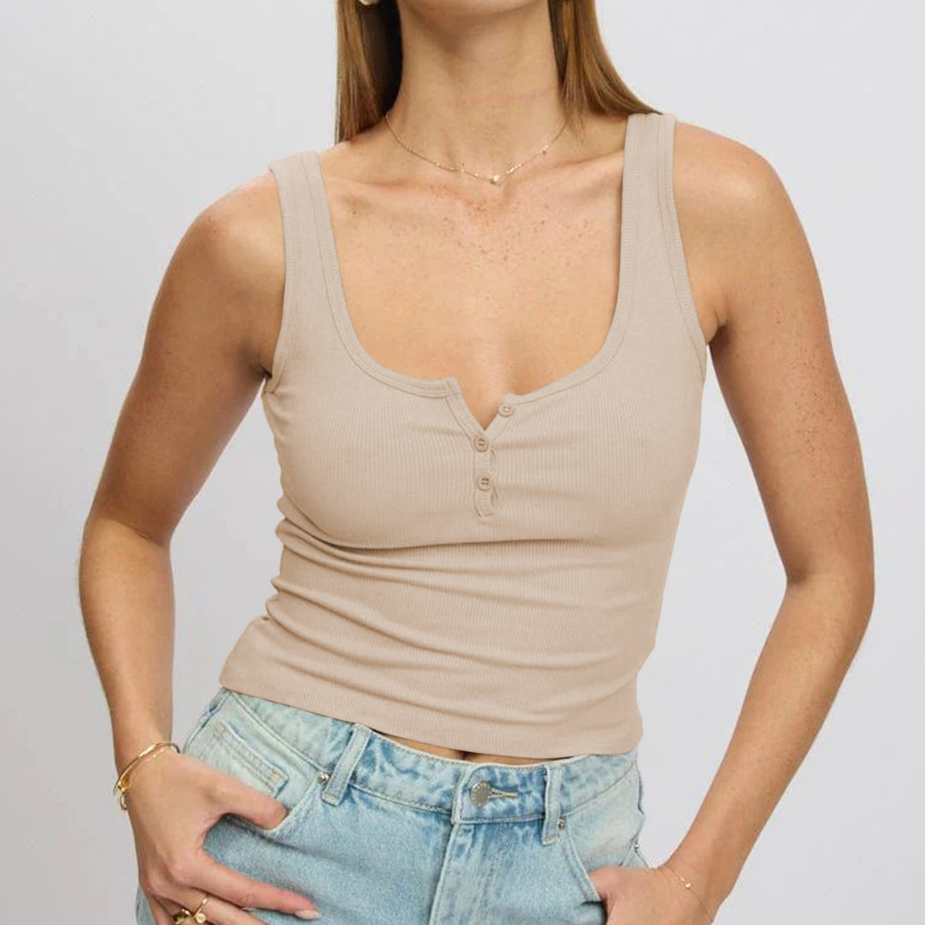 Damen körperbetontes Ripp-Top mit Knopfleiste und weitem Ausschnitt Stilzeits