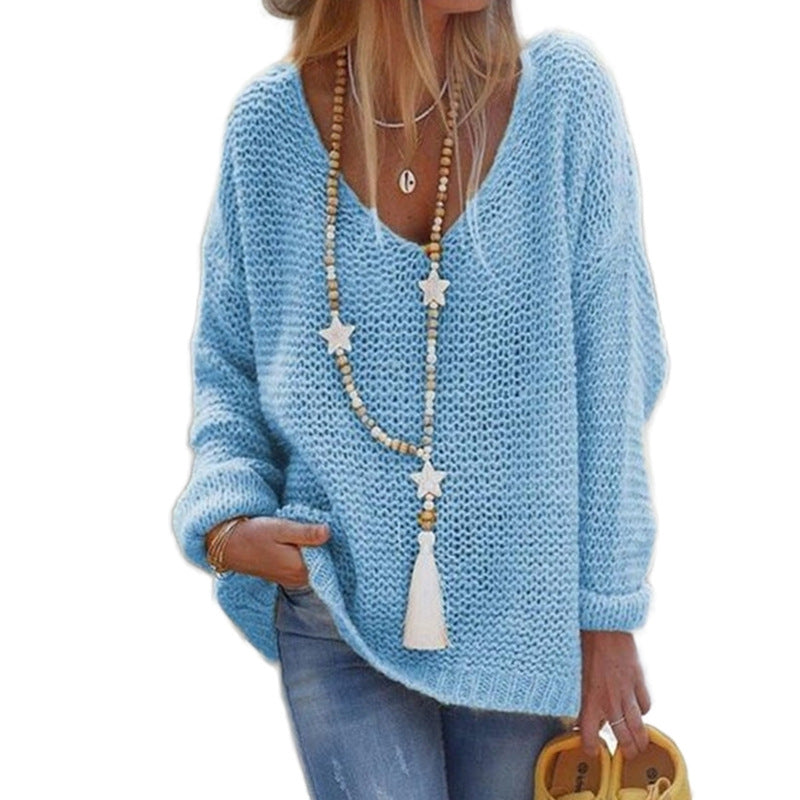 Damen Grobstrickpullover mit tiefem V-Ausschnitt und lässigem Schnitt Stilzeits