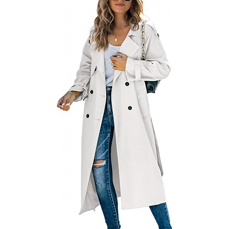 Damen eleganter Trenchcoat mit doppelt Reihe Knopfverschluss und Taillengürtel Stilzeits