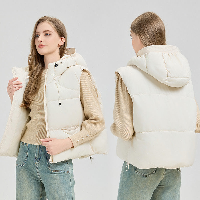 Damen gesteppte Weste mit abnehmbarer Kapuze und seitlichen Eingrifftaschen Stilzeits