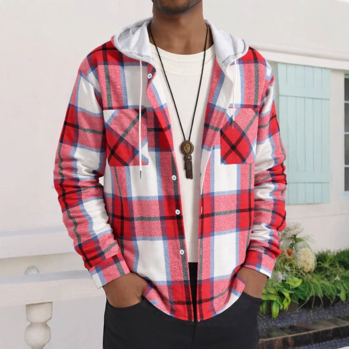 Herren Karierte Flanelljacke mit Hoodie und praktischen Taschen Stilzeits