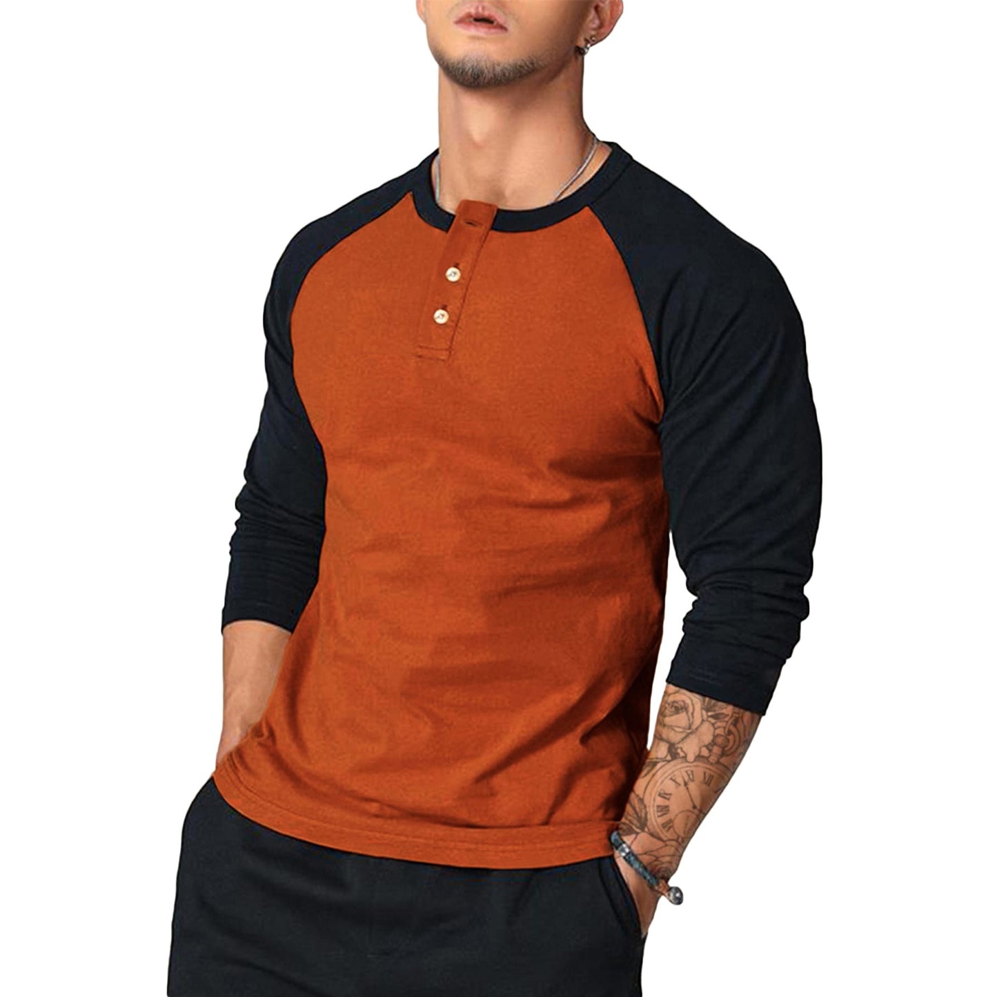 Herren Langarm-Henley-Shirt mit Kontrastärmel Stilzeits