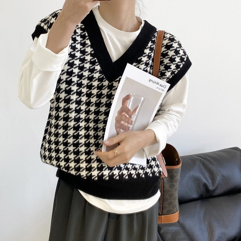 Damen modische Strickweste mit graphischem Hahnentrittmuster Stilzeits - Stilzeits