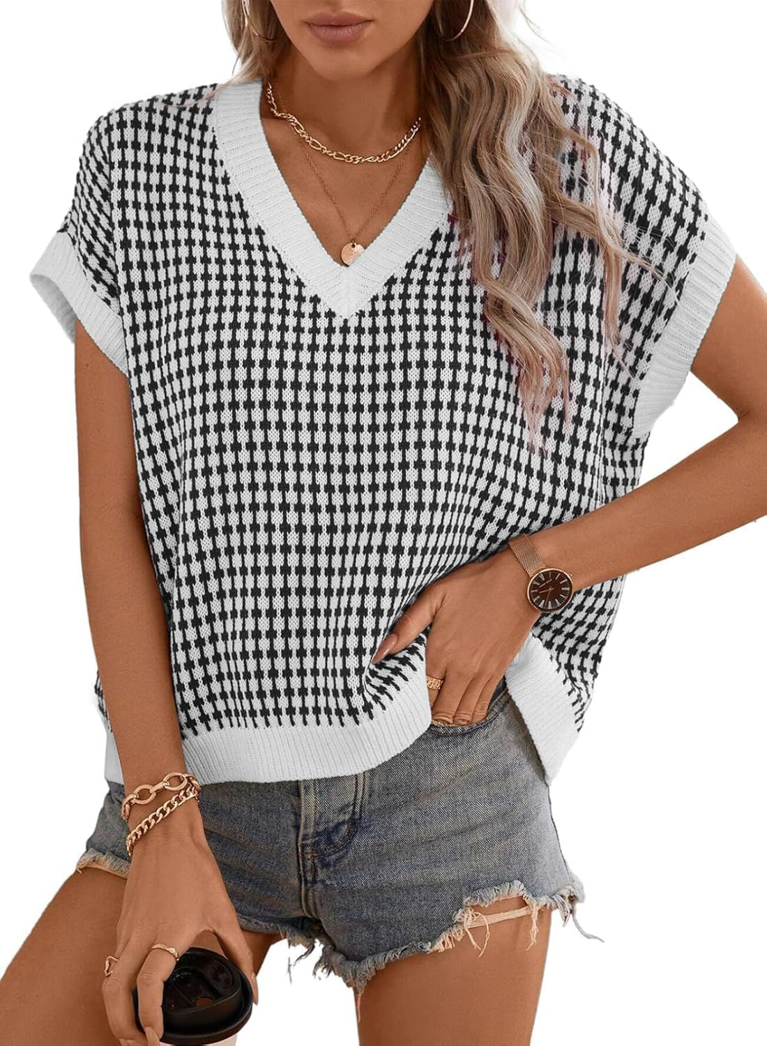 Damen lässiger V-Ausschnitt Pullover mit geometrischem Muster Stilzeits