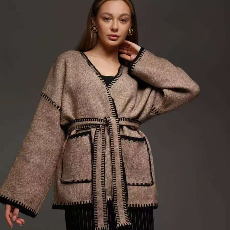 Damen Komfortabler Strick-Cardigan mit praktischen Taschen und Taillengürtel Stilzeits