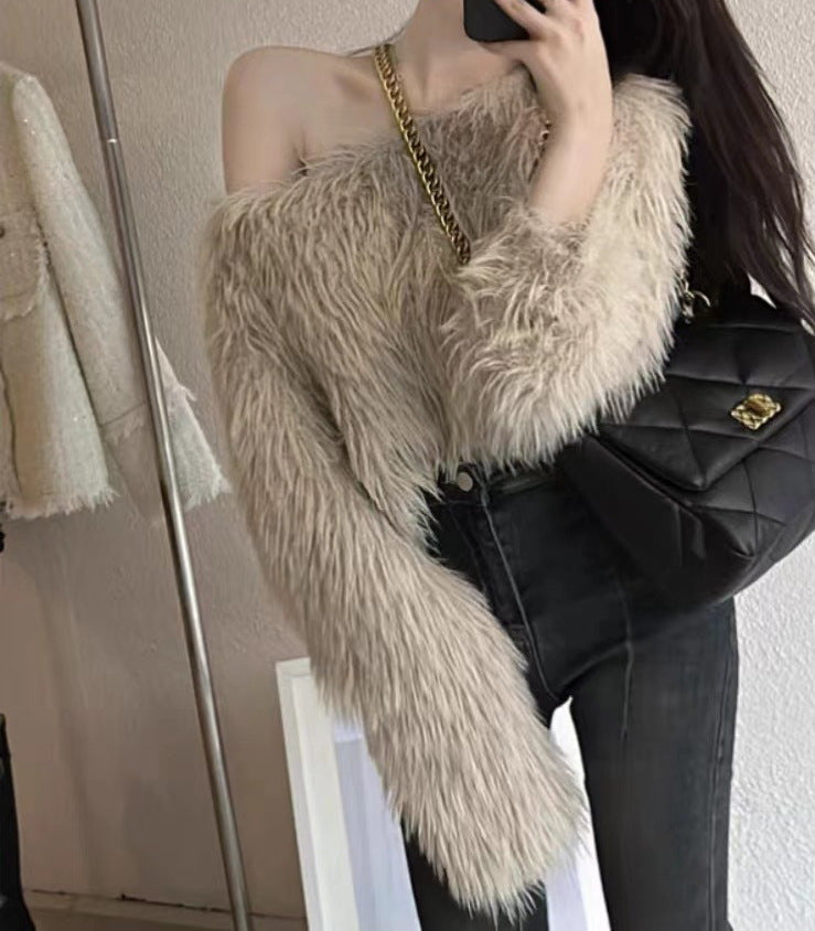 Damen Flauschiger Off-Shoulder-Pullover mit langen Ärmeln Stilzeits