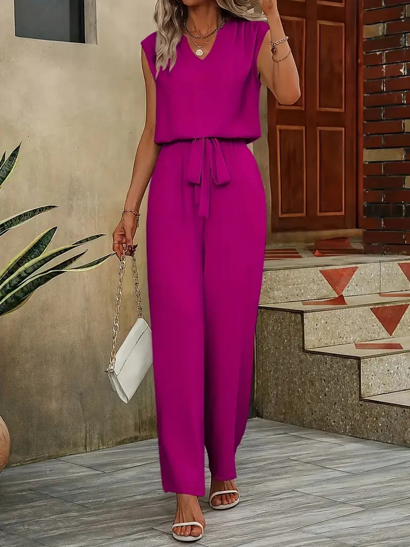 Damen Eleganter Jumpsuit mit V-Ausschnitt und Taillenknoten Stilzeits