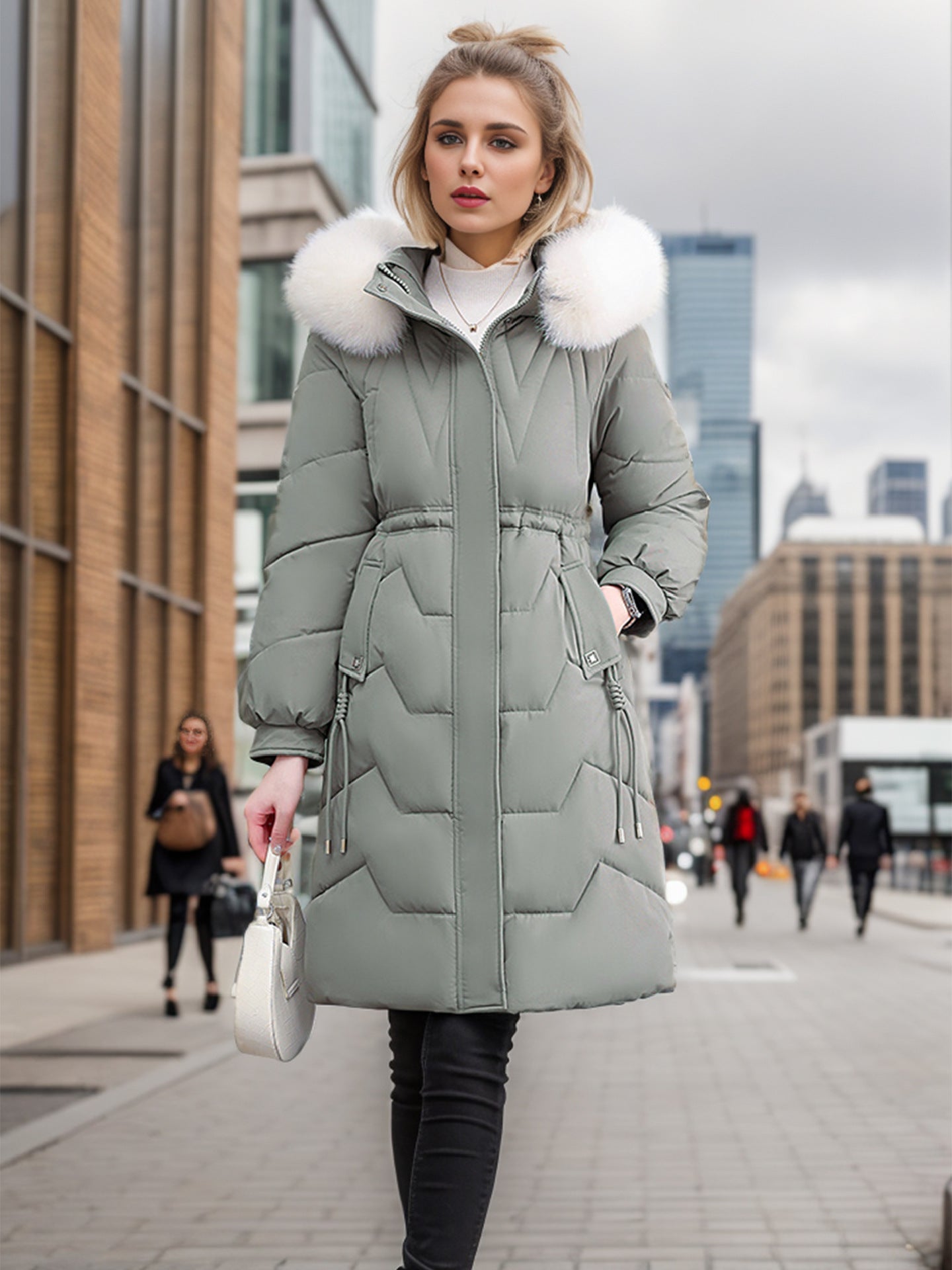 Damen eleganter und isolierter Wintermantel mit abnehmbarem Kunstfellkragen Stilzeits