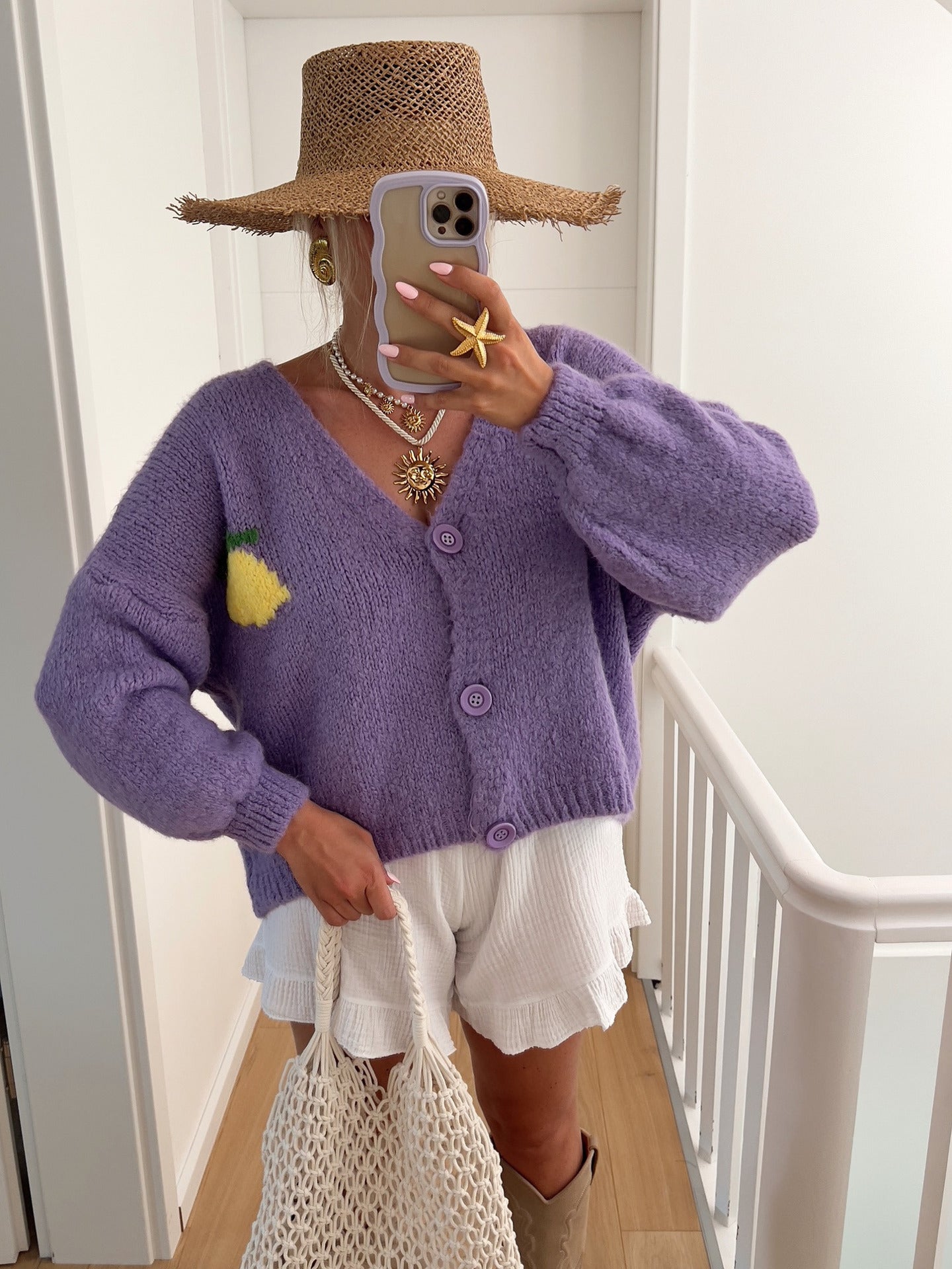 Damen Grober Strickcardigan mit einzigartigem Zitronenmotiv und knopfbarem Verschluss Stilzeits