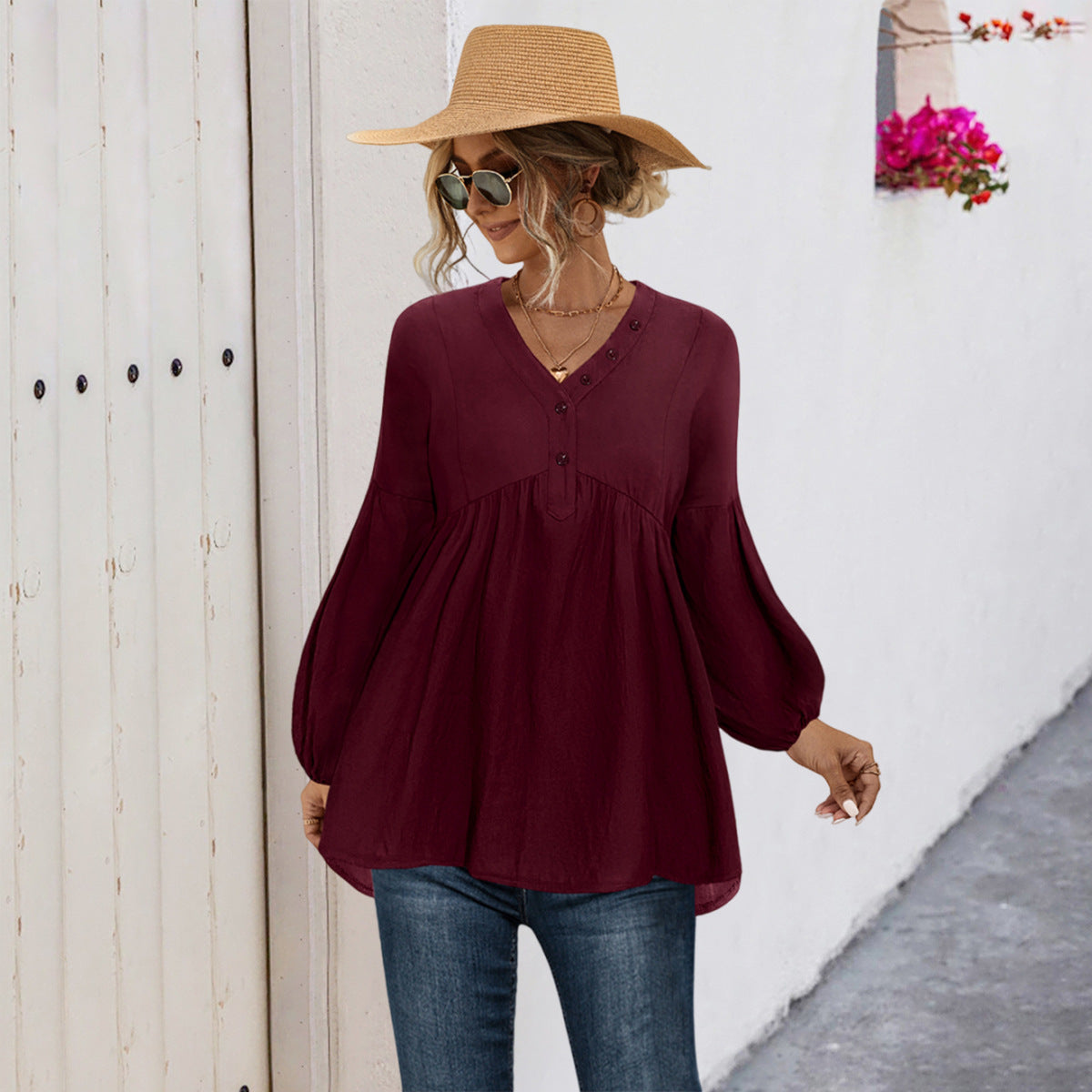 Damen Blusenshirt mit Knopfdetails und lockerer Passform Stilzeits