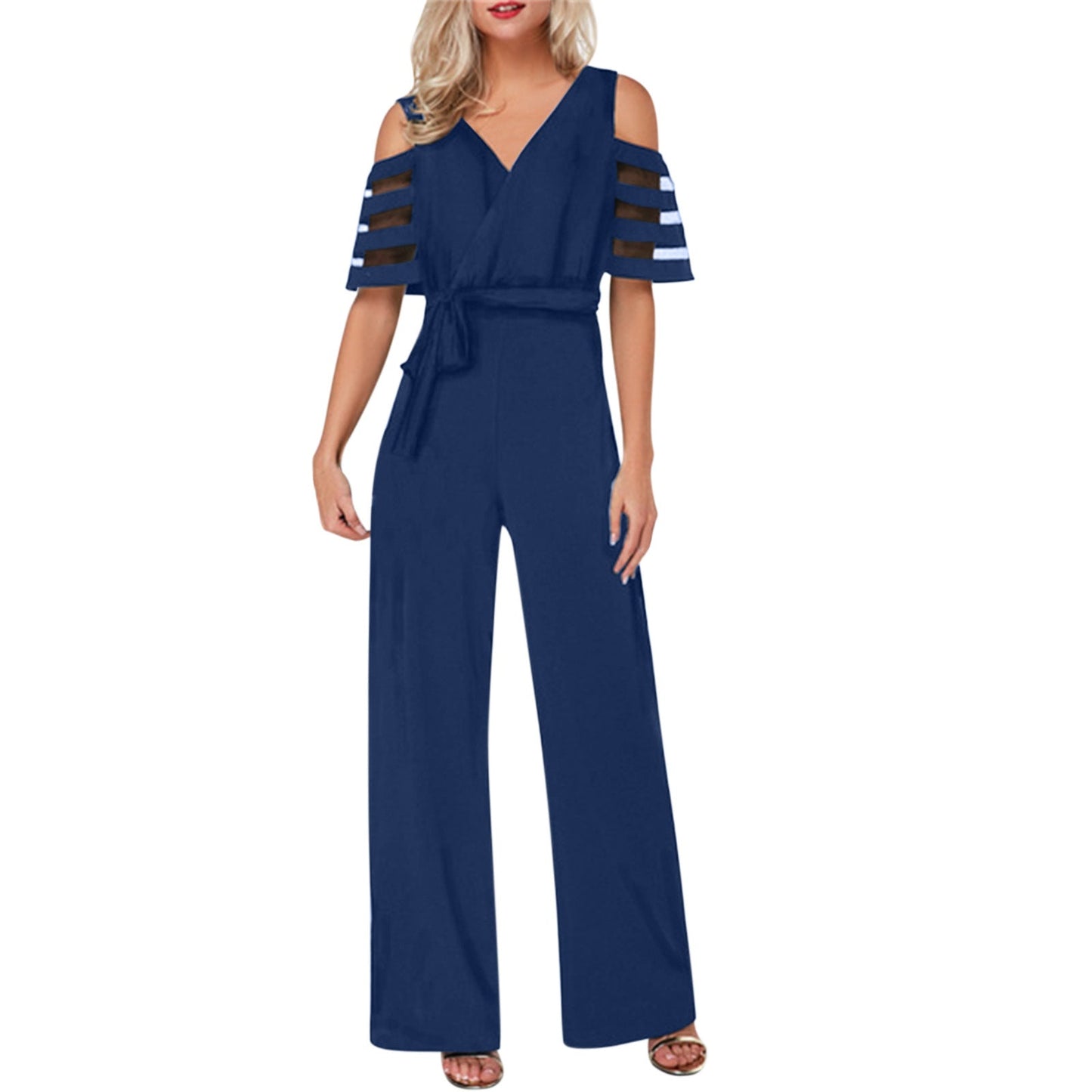 Damen Eleganter Jumpsuit mit transparenten Ärmel-Details und Taillengürtel Stilzeits