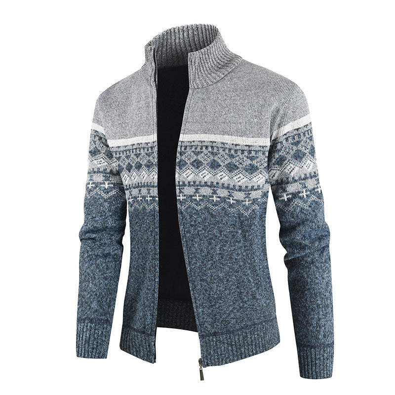 Herren Strickjacke mit geometrischen Mustern und hohem Kragen Stilzeits