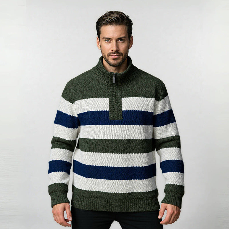 Herren modischer Strickpullover mit halbem Reißverschluss und gestreiftem Design Stilzeits