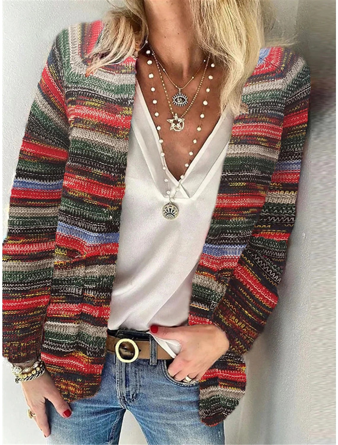 Damen Offen gestrickte Cardigan mit bunten Streifen und lässigem Schnitt Stilzeits