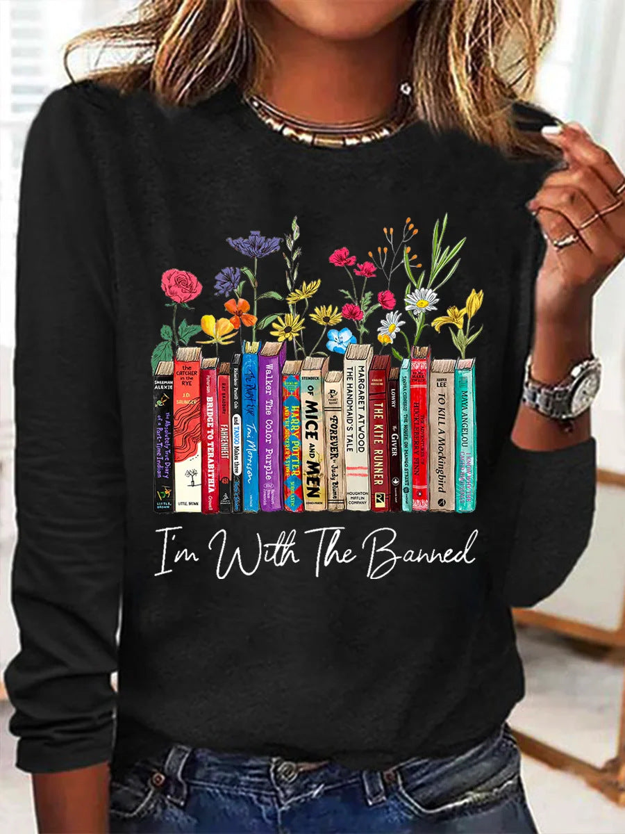 Damen Langarmshirt mit Bücher- und Blumenmotiv Stilzeits