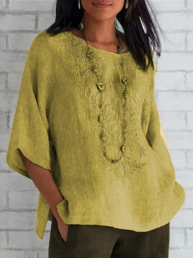 Damen bestickte Leinenbluse Stilzeits