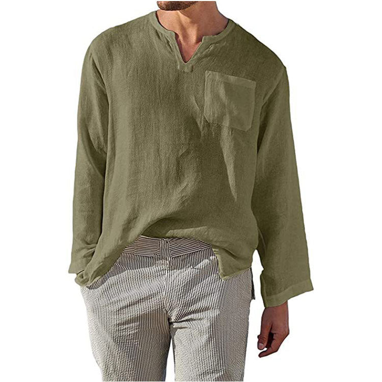 Herren Leinen Langarmshirt mit Henley-Ausschnitt und Brusttasche Stilzeits
