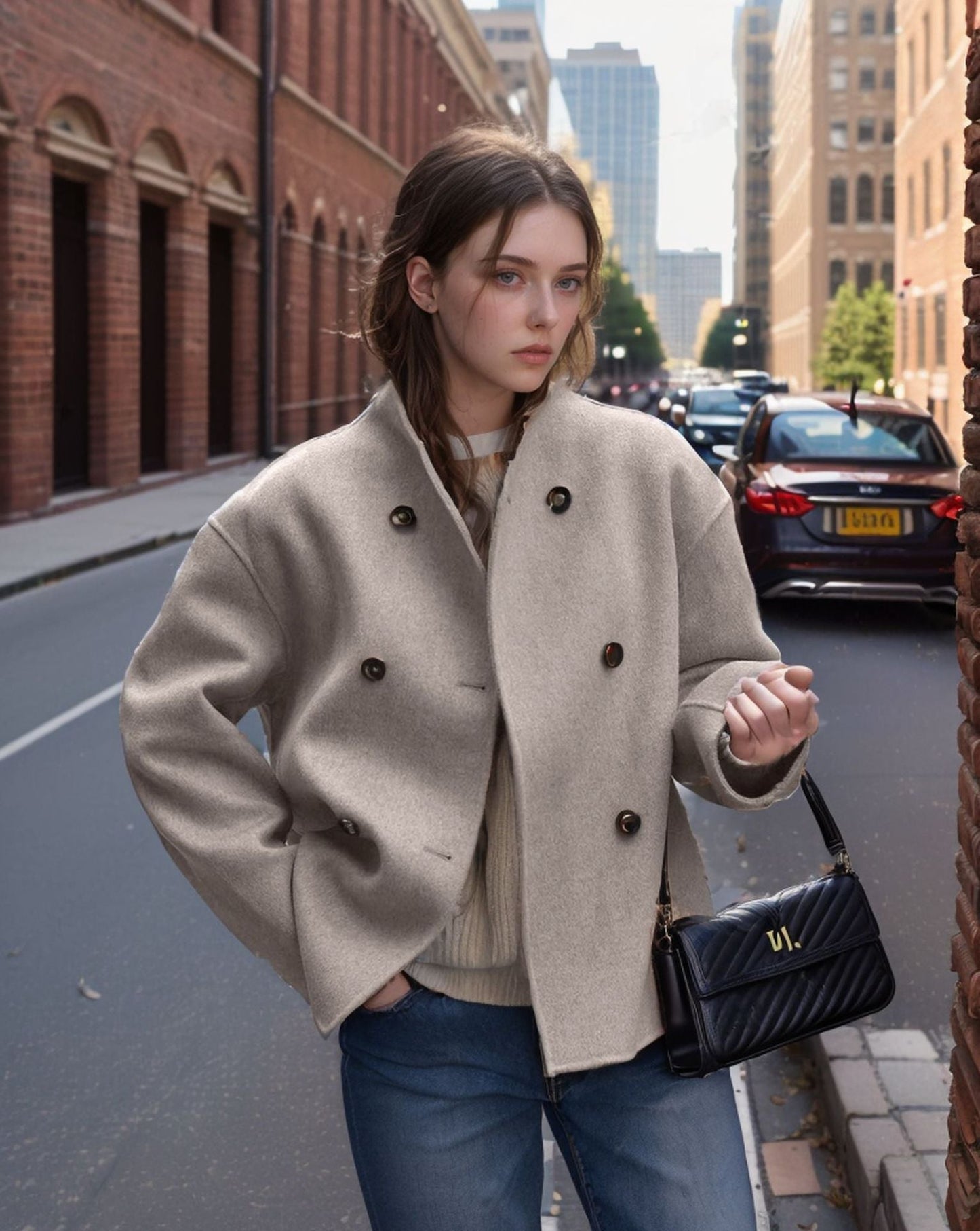 Damen modische Kurzjacke mit doppelter Knopfreihe und lässigen Ärmeln Stilzeits