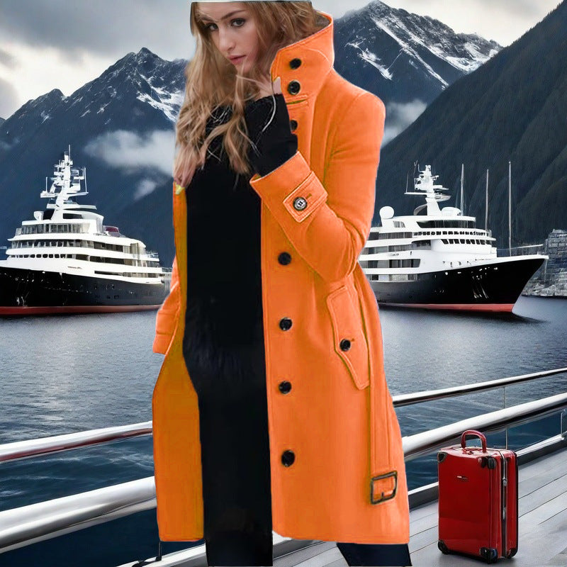 Damen eleganter Trenchcoat mit hohem Kragen und doppelter Knopfleiste Stilzeits
