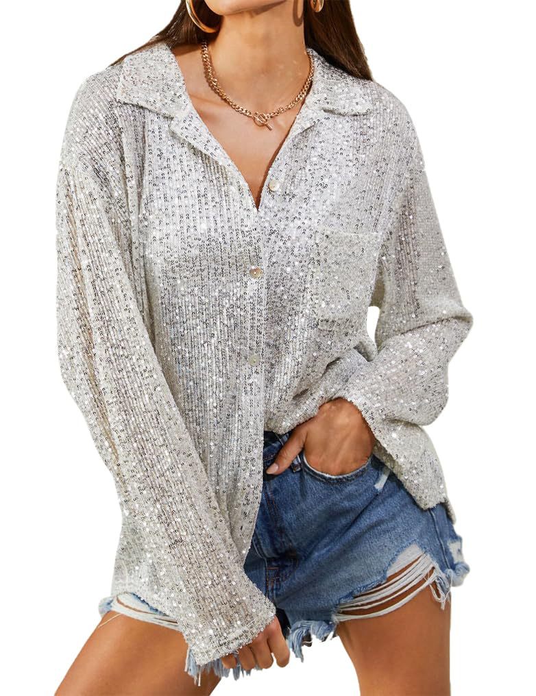 Damen Glitzernde Oversize-Bluse mit lässigem Schnitt Stilzeits