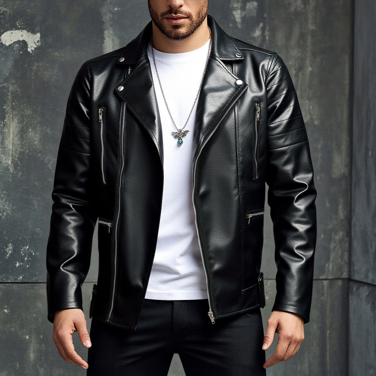 Herren stilvolle Bikerjacke aus hochwertigem Kunstleder Stilzeits