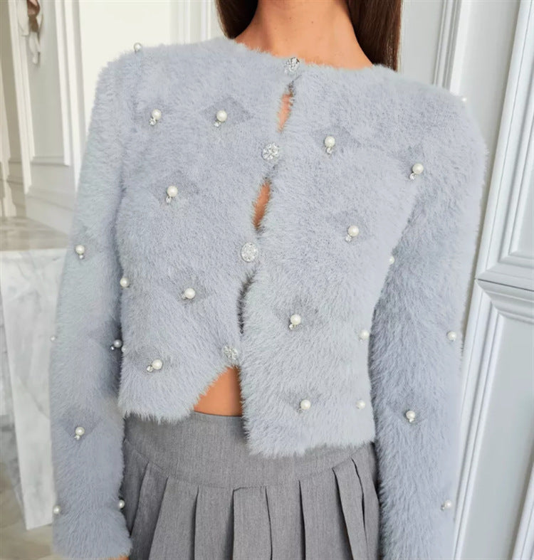 Damen Flauschige Strickjacke mit Schmuckknöpfen und elegantem Schnitt Stilzeits