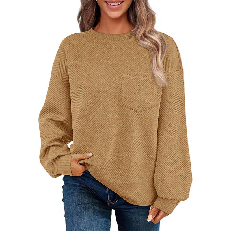 Damen lässiger Pullover mit strukturiertem Muster und praktischer Brusttasche Stilzeits
