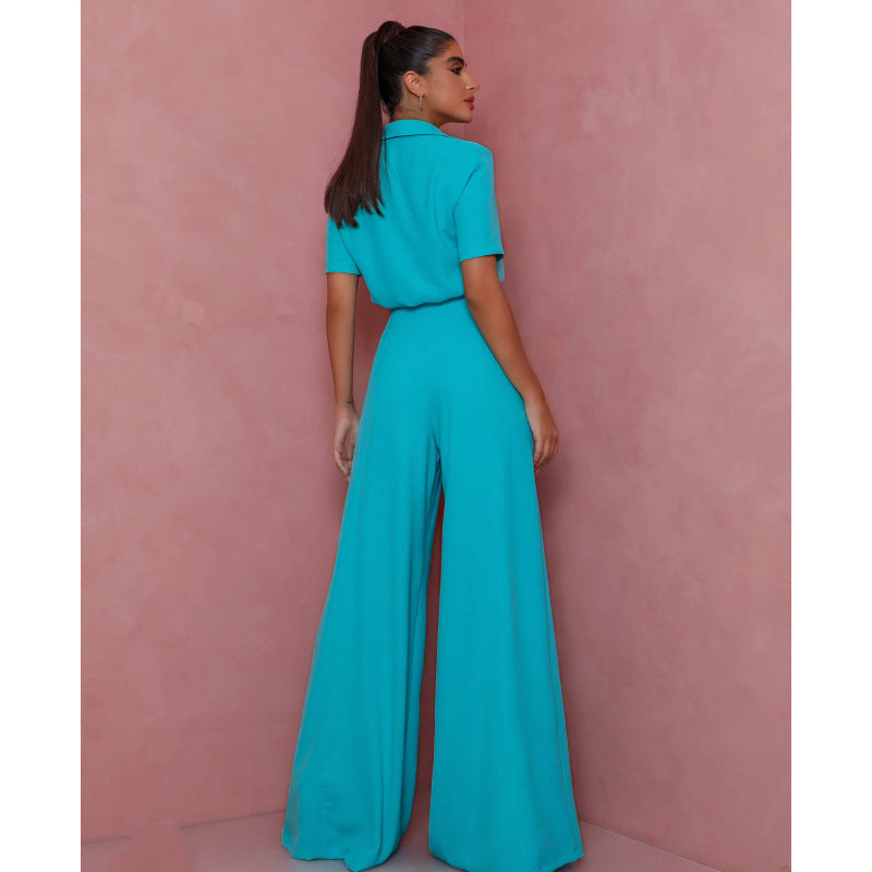 Damen Elegantes Kurzarm-Blusen und Palazzo-Hosen-Ensemble Stilzeits