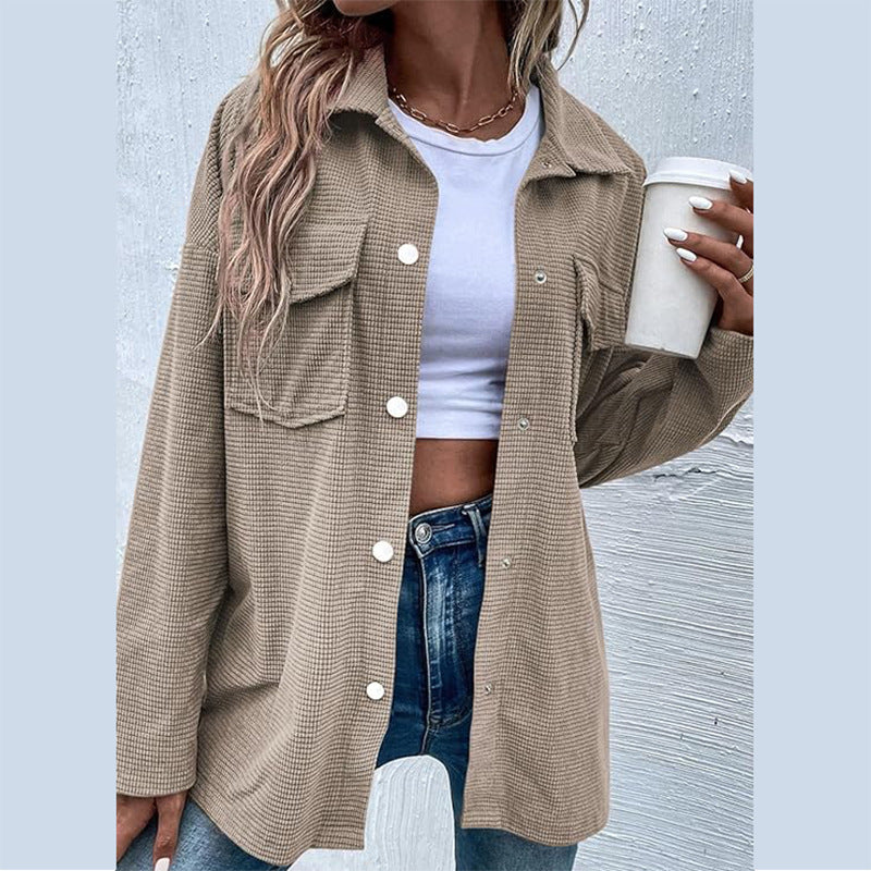 Damen Bequeme Waffel-Design Bluse mit Taschen Stilzeits